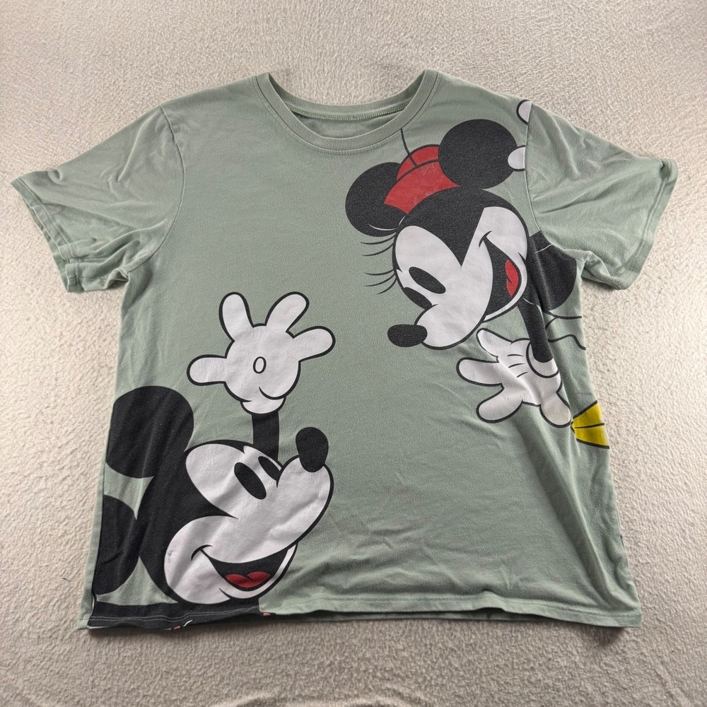 Disney Mickey Minnie Graphic T-Shirt Women Large Sage Green Good Short Sleeve